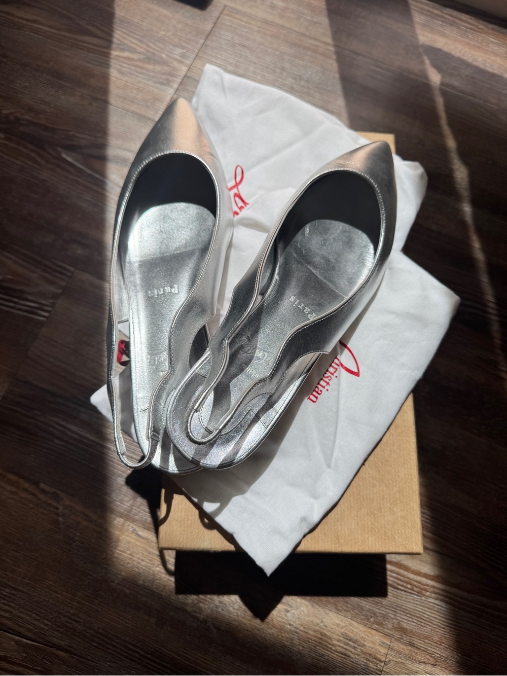 Christian Louboutin Silver Pointed Slingback Flats - Women's Metallic Leather - Picture 2 of 11
